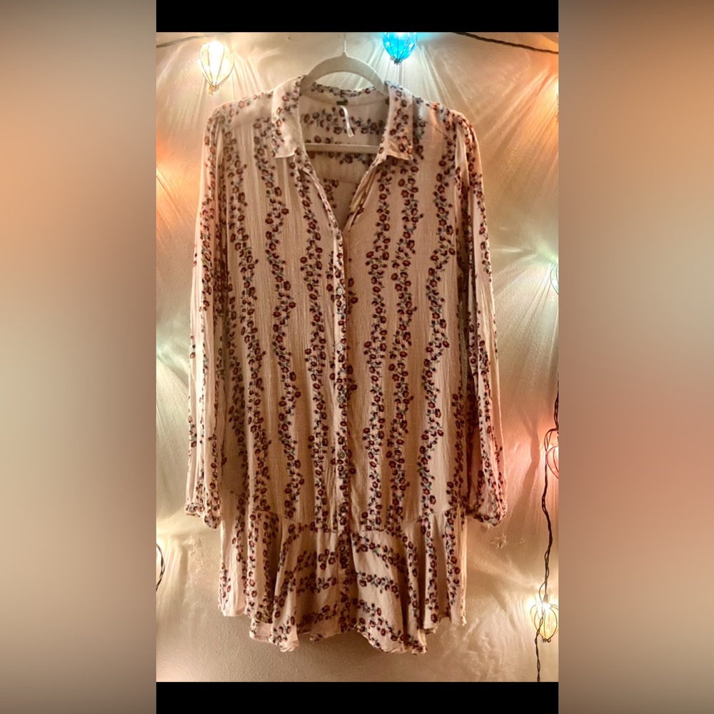 Free People Long Sleeve Dress - Cream with Flowers